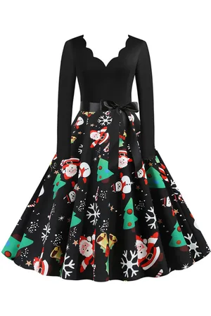 milanoo.com Vestiti Anni 50 con motivo natalizio Abiti donna maniche lunghe abiti anni 50 Scollatura di design di poliestere Inverno Autunno di retro