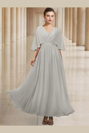 milanoo.com Abito da sposa per la madre con scollo a V mezze maniche a trapezio con perline abiti da ospite lunghi fino al pavimento per il matrimonio