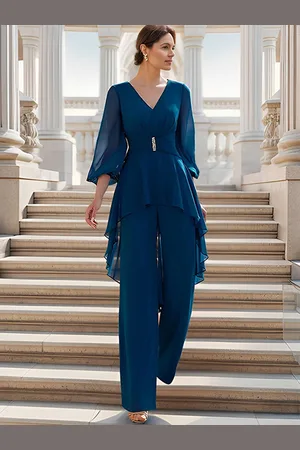 milanoo.com Abito da sposa per la madre con scollo a V mezze maniche tuta con volant abiti da ospite lunghi fino al pavimento per il matrimonio