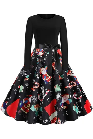 milanoo.com Vestiti Anni 50 donna con motivo natalizio fiocchi di poliestere maniche lunghe con scollo tondo lungo fino al ginocchio Inverno Autunno