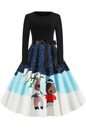 milanoo.com Vestiti Anni 50 con motivo natalizio Abiti donna maniche lunghe abiti anni 50 con scollo tondo di poliestere Autunno di retro