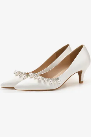 milanoo.com Décolleté da donna medio-bassi Eleganti scarpe a punta con tacco a gattino Slip-On Pretty Pearls Décolleté da sposa bianche