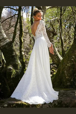 milanoo.com Abito da sposa boho in pizzo a trapezio lunghezza al pavimento vita naturale bottoni funzionali maniche lunghe scollo gioiello avorio