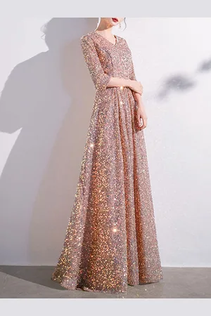milanoo.com Abito da ballo con paillettes con scollo a V e maniche lunghe a trapezio. Abiti da festa