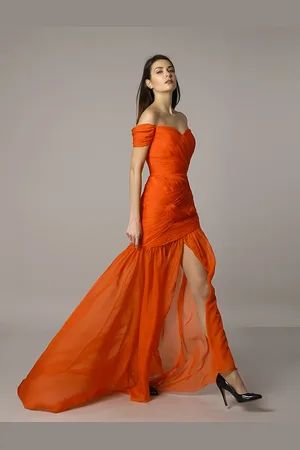 milanoo.com Abito a sirena in chiffon di ruches increspato rosso spalle scoperte di Alex Jones BAFTA