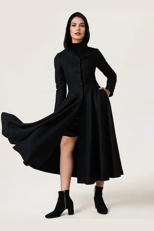milanoo.com Cappotto svasato in misto lana con cappuccio nero vintage a trapezio maxi invernale per donna 2025