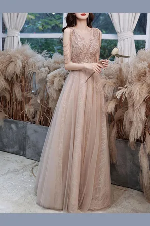milanoo.com Dress da sera A-line con scollo a V senza maniche in pizzo in pizzo con catene a pavimento