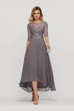 milanoo.com Abito da festa per la madre della sposa collo gioiello mezze maniche abiti da cerimonia nuziale in pizzo a trapezio