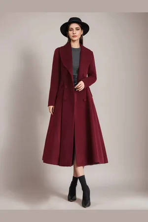 milanoo.com Cappotto svasato in lana bordeaux vintage con collo a scialle doppiopetto invernale a trapezio per donna 2025
