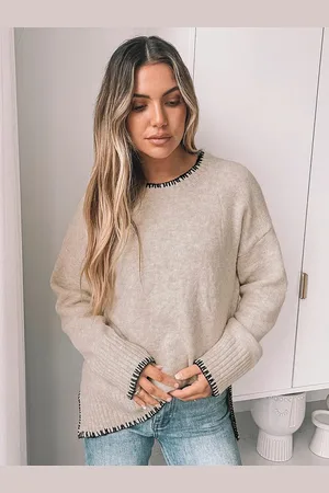 milanoo.com Maglione da donna in acrilico con maniche lunghe e collo gioiello bicolore cammello