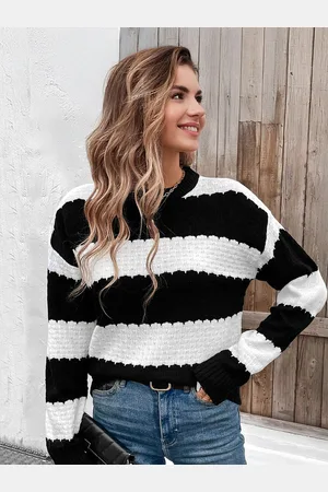 milanoo.com Maglioni per donna neri bicolore con scollo a gioiello e maniche lunghe a strati in acrilico