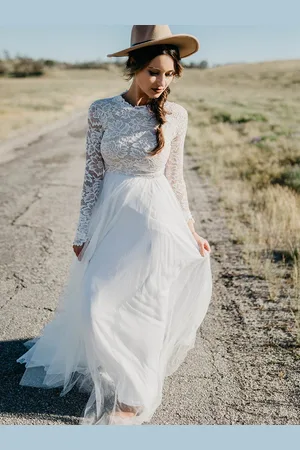 milanoo.com Abito da sposa Boho Tulle Pizzo A-Line Sweep Vita naturale Cerniera Maniche lunghe Collo gioiello