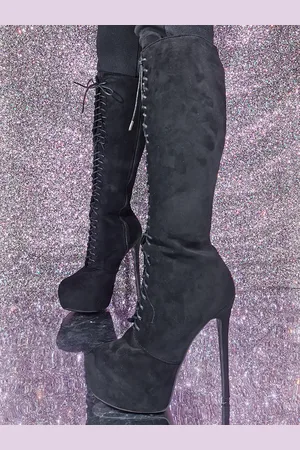 milanoo.com Stivali alti al ginocchio in pelle scamosciata nera Stivali sexy stringati con plateau