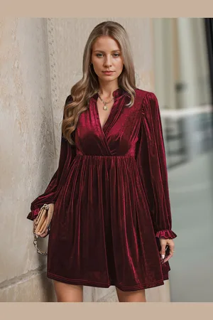 milanoo.com Abito in velluto scollo a V maniche lunghe inverno chic stratificato lunghezza ginocchio mini abiti