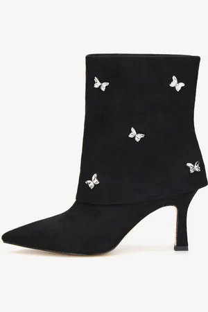 milanoo.com Stivaletti da donna Stivali con tacco alto ripiegabili in pelle scamosciata con strass a punta