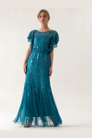 milanoo.com Abiti da festa Abito semi formale con scollo a V color verde acqua e paillettes a maniche corte