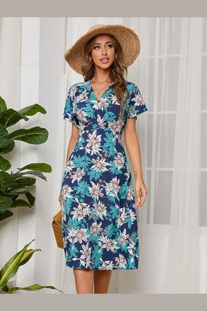 milanoo.com Abito estivo Abito da spiaggia in chiffon stampato con scollo a V blu scuro