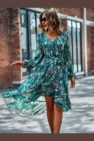 milanoo.com Abito Boho Abito da spiaggia con lacci con stampa floreale a maniche lunghe con scollo a V