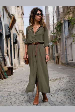 milanoo.com Abito chemisier in chiffon a maniche lunghe con abiti lunghi
