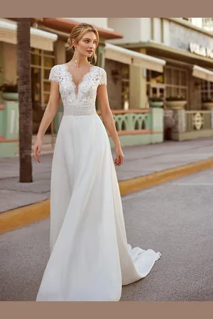 milanoo.com Abito da sposa vintage con scollo a V maniche corte vita naturale tessuto in raso abito da sposa in pizzo
