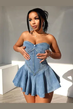 milanoo.com Abito senza spalline in denim con scollo a cuore mini abito skater sexy a trapezio 2025