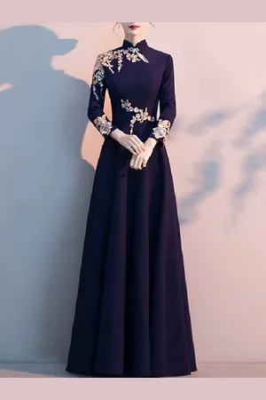 milanoo.com Abiti per la madre della sposa in elastico crepe svasata con collo alto a terra maniche lunghe Abiti da Cerimonia