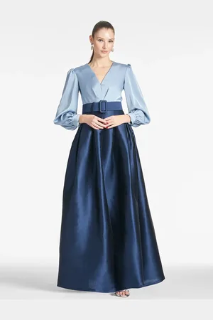 milanoo.com Abito da festa per la madre della sposa scollo a V maniche lunghe fascia a trapezio abiti da ospite per matrimonio