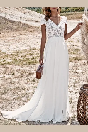 milanoo.com Abito da sposa boho in pizzo; abito da sposa boho; abito da ufficio del registro; abito da sposa vintage