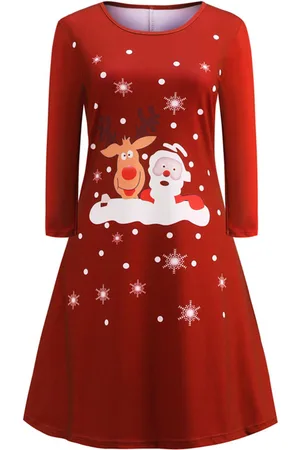 milanoo.com Vestiti Anni 50 donna Rosso con motivo natalizio a pieghe di poliestere maniche lunghe con scollo tondo lungo fino al ginocchio Inverno Autunno