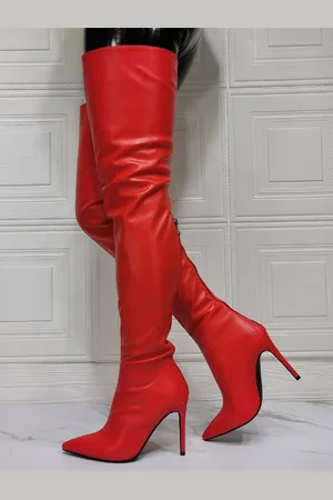 milanoo.com Stivali sopra il ginocchio da donna Stivali alti alla coscia rossi in pelle PU con tacco a spillo taglie forti