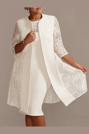 milanoo.com Abito da madre avorio Tessuto in raso di pizzo Mezze maniche Soprabito Collo gioiello Senza maniche Guaina Abiti da cerimonia nuziale corti Outfit