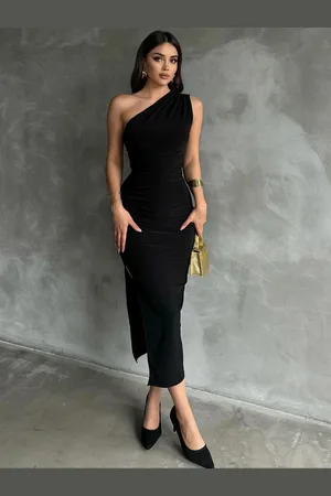 milanoo.com Abiti aderenti Abito tubino aderente sexy senza maniche nero con collo asimmetrico e spacco alto