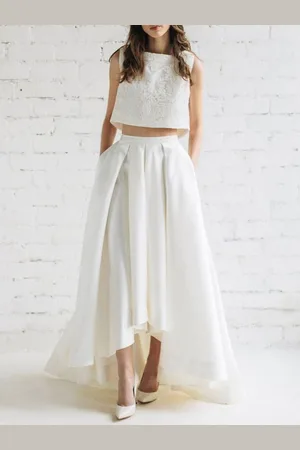 milanoo.com Abito da sposa semplice in due pezzi color in tessuto satinato con scollo a gioiello senza maniche in pizzo a trapezio personalizzazione gratuita