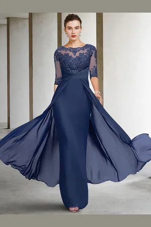 milanoo.com Abito da sposa per la madre collo gioiello mezze maniche tubino pizzo lunghezza fino al pavimento abiti per gli invitati al matrimonio personalizzazione gratuita