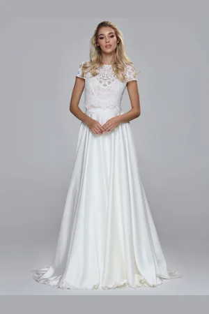 milanoo.com Abito da sposa in due pezzi Pizzo Pizzo Gioiello Collo A-Line Sweep Cerniera Maniche corte Avorio