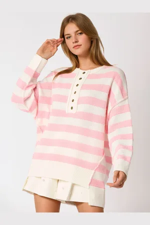 milanoo.com Maglione pullover da donna azzurro cielo bottoni strisce scollo gioiello maniche lunghe maglioni acrilici oversize