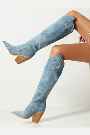 milanoo.com Stivali western da donna Stivali al ginocchio in tela con tacco grosso
