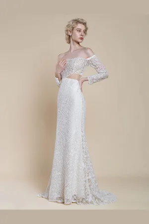milanoo.com Abito da sposa boho in pizzo a sirena con strascico vita naturale cerniera maniche lunghe scollo a barca