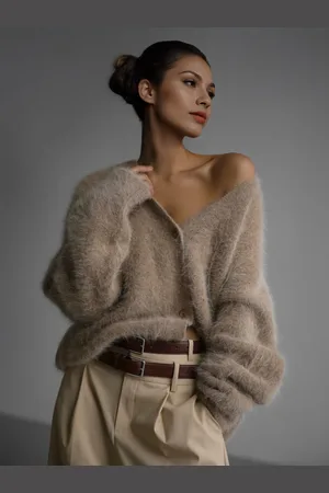 milanoo.com Cardigan in pelliccia sintetica color cachi maniche lunghe scollo a V oversize primaverile comodo per donna 2025