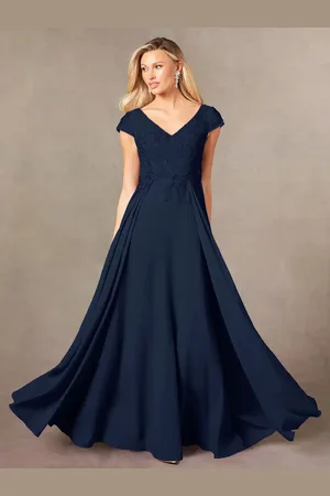 milanoo.com Abito da festa per la madre della sposa scollo a V maniche corte linea a trapezio abiti da ospite lunghi fino al pavimento per il matrimonio