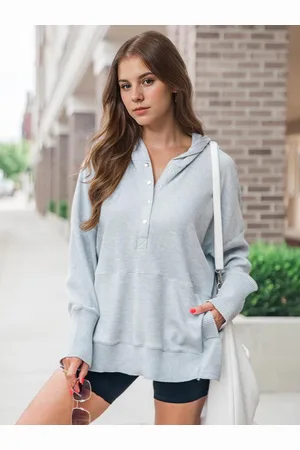 milanoo.com Felpa con cappuccio per donna grigia maniche lunghe bottoni felpa con cappuccio in poliestere