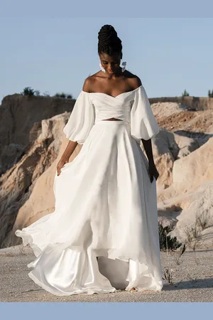 milanoo.com Abito da sposa in due pezzi Poliestere Collo a cuore A-Line Lunghezza pavimento Schiena scoperta Maniche lunghe