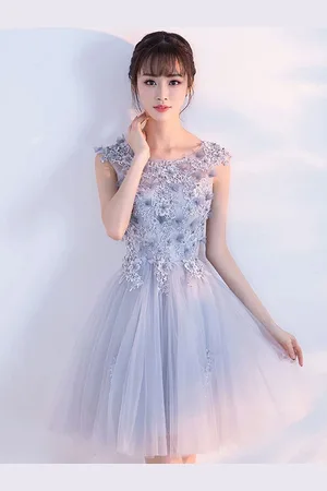 milanoo.com Abito homecoming svasato a fiori pizzo corto/mini con scollo tondo Zip in tulle