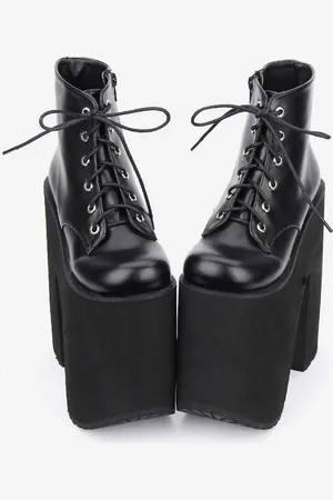 milanoo.com Nero Lolita Babbucce piattaforma tacco grosso rotondo Toe Lace Up breve stivali Lolita