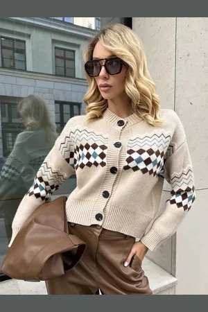 milanoo.com Maglioni Cardigan Poliestere Scozzese Bottoni Maniche Lunghe Scollo Gioiello Oversize