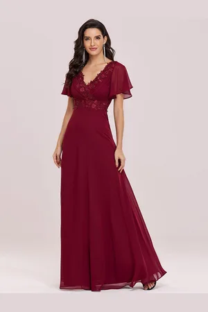 milanoo.com Abito da ballo A-Line con scollo a V in chiffon senza schienale Maniche corte Abiti da ospite lunghi fino al pavimento