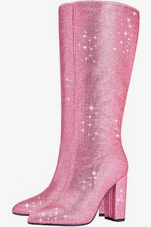 milanoo.com Stivali al ginocchio con strass glitterati punta affilata tacco spesso stivali da festa