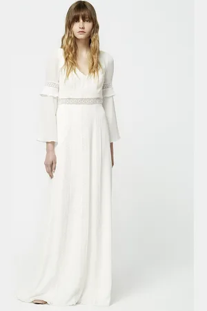milanoo.com Abito da sposa Boho Pizzo crêpe elasticizzato Sweep a trapezio Abito da sposa Vita naturale Bottoni funzionali Maniche lunghe Scollo a V