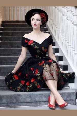 milanoo.com Vestiti Anni 50 Abiti ricamata abiti anni 50 in tulle Cocktail Abito maniche corte con spalle scoperte Estate Abbigliamento Donna elegante