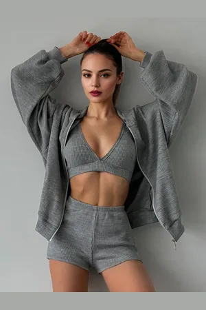 milanoo.com Set da 3 pezzi per donna con giacca con cappuccio e canotta senza maniche e pantaloncini abbigliamento casual primaverile 2025